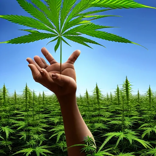 Prompt: the satana spreads his hands against the background of growing cannabis. realistic rendering