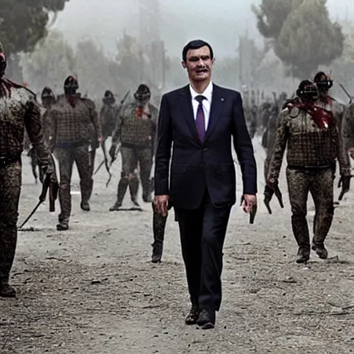 Image similar to spanish president pedro sanchez leading an army of the undead in a post - apocalyptic world