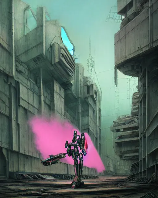 Image similar to hyperrealistic hyperdetailed 60s mecha iridescent pink coming out of dystopian city ruins concept art santiago caruso de chirico sharp very dramatic green light 8k low angle shallow depth of field