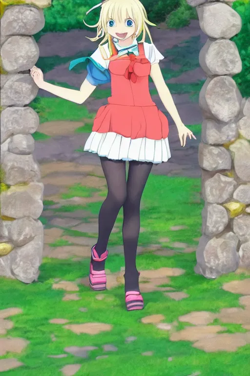 Prompt: a very cute art of a smiling blonde anime girl idol wearing a colorful dress walking at the garden, tongue out, cheeky, in the style of anime, near a stone gate