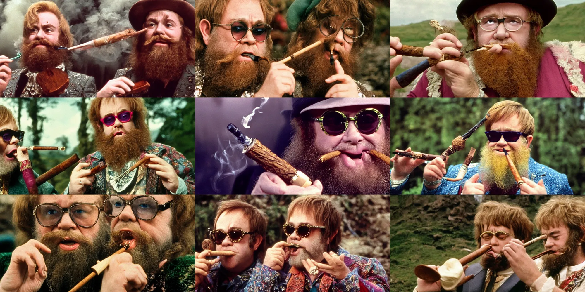 Prompt: A full color still of Elton John playing a big burly Tom Bombadil with a fake beard, smoking a wood pipe, in Stanley Kubrick’s The Lord of the Rings, 1970, 35mm film