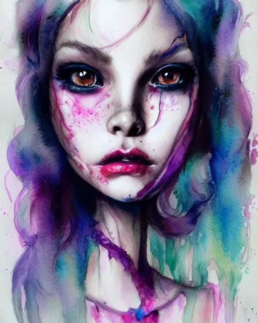 Image similar to pencil portrait with watercolor of a monster high doll, beautiful face, by sabrina eras, alice x. zhang, agnes cecile, blanca alvarez, very detailed