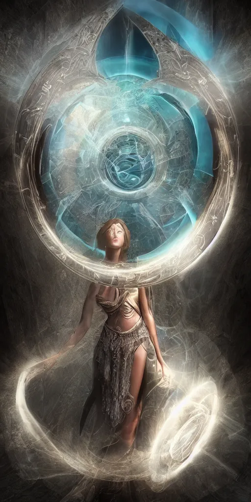 Prompt: goddess of illusion, beautiful, stunning, breathtaking, mirrors, glass, magic circle, magic doorway, fantasy, mist, bioluminescence, hyper - realistic, unreal engine