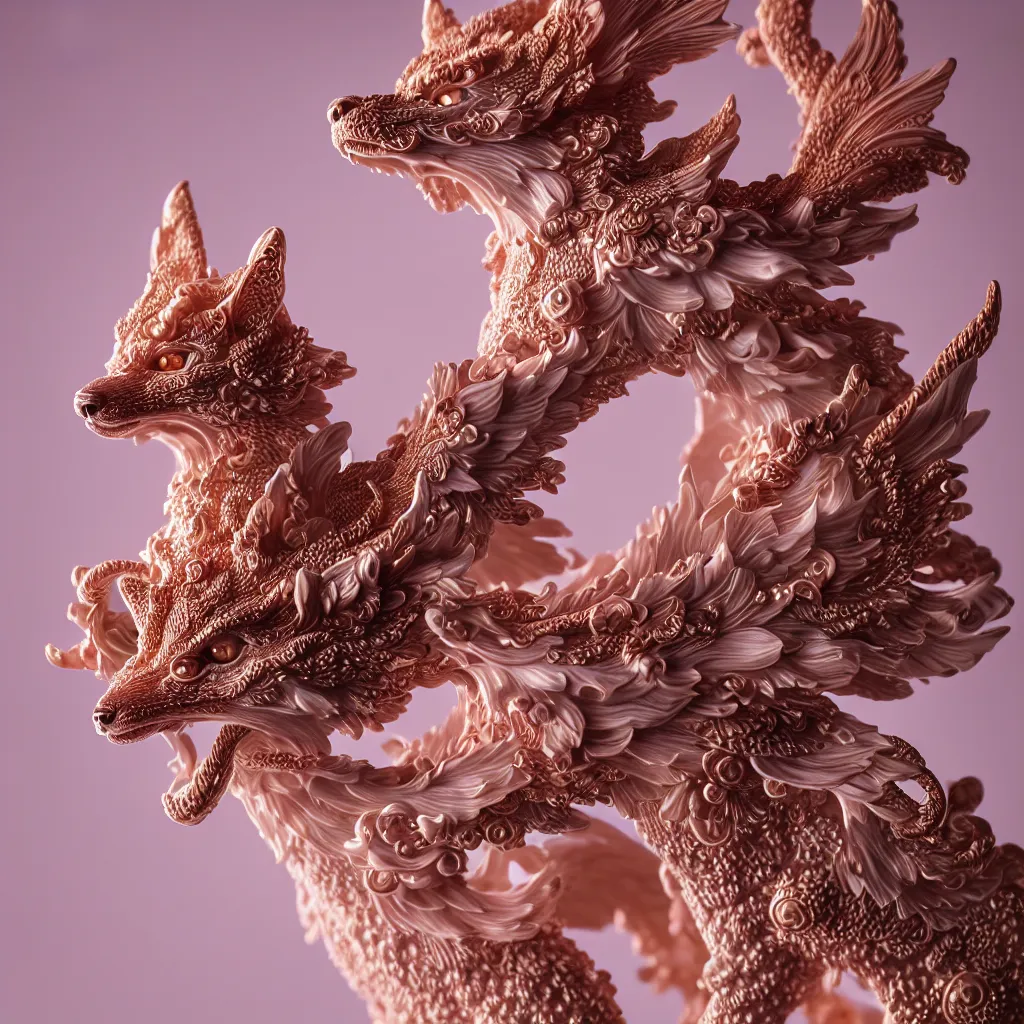 Image similar to a closeup photo - real delicate ceramic porcelain sculpture of an ornate detailed kitsune in front of an intricate background by rafael, micro detail, backlit lighting, subsurface scattering, translucent, thin porcelain, octane renderer, black and hot pink and gold jewelry, physically based rendering, trending on cgsociety