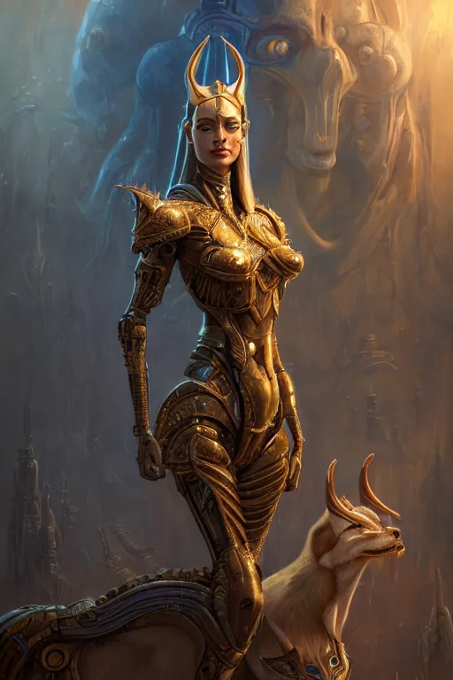 Image similar to portrait of a beautiful female hybrid cyborg atlantean anubis hada elsa jean alien warrior, regal, realistic, refined, detailed, digital art, jessica rossier, michael cheval, esao andrews, steampunk, walt disney ( 1 9 3 7 ), francois boucher, oil painting, highly detailed, cinematic lighting, unreal engine, 8 k, hd