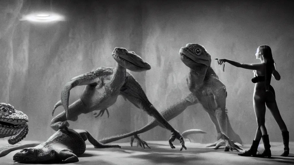 Prompt: movie scene of a human girl and a reptilian humanoid, reptile, reptilian, movie still, cinematic composition, cinematic light, criterion collection, re imagined by industrial light and magic, Movie by Andrzej Żuławski