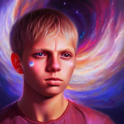 Image similar to visionary art by mandy jurgens, powerful eyes glowing highly detailed painting of deep sadness alone, young blonde boy spiritual portrait, fractal electricity surrounding him, expressive emotional sadness piece, trending on art station, abstract emotional sadness expression, very very very beautiful, fantasy digital art, visionary art, magical fantasy 2 d concept art, cosmic nebula