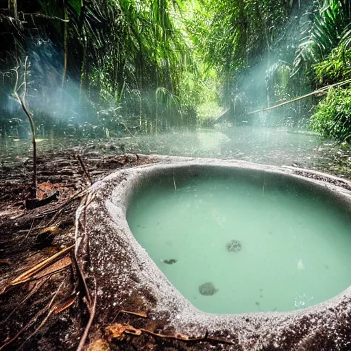 Image similar to pristine bath filled with bubbles in a clearfelled rainforest, deforestation, slash and burn