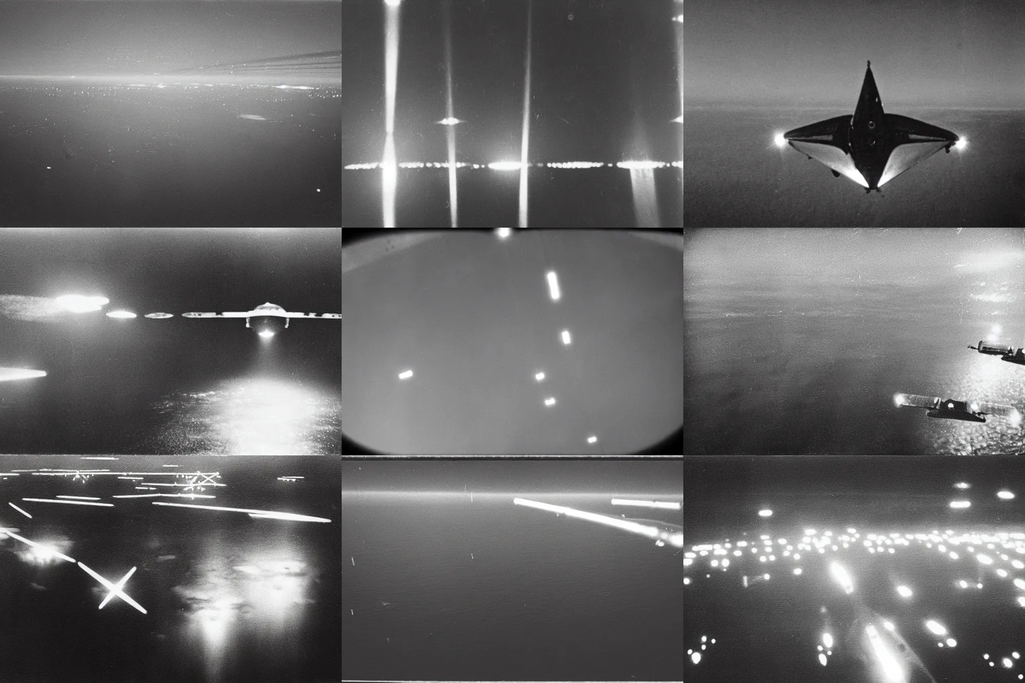 Prompt: declassified photograph taken from bomber cockpit of triangular lights hovering over water, film grain, 3 5 mm lens, government archive