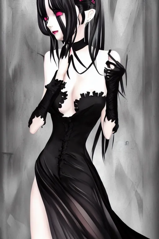 Image similar to pretty gothic lady wearing a tight black ornated dress and black stockings, fullbody art, drawn by WLOP, by Avetetsuya Studios, anime still, trending on artstation