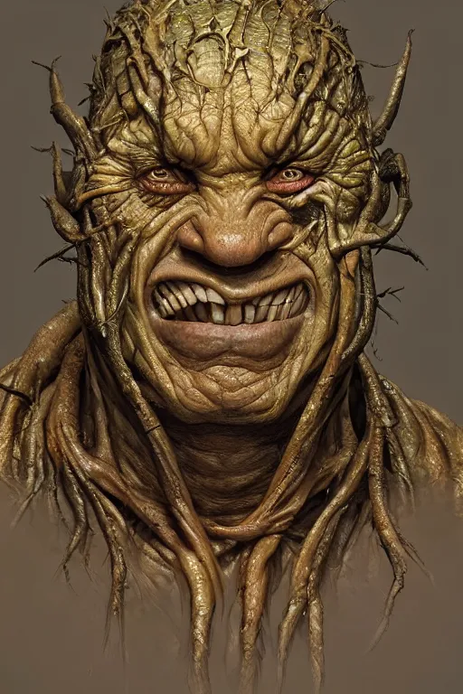 Image similar to beautiful portrait of the thing of the swamp smiling, intricate, dystopian, biopunk, extremely detailed, digital painting, sculpted in zbrush, artstation, concept art, smooth, sharp focus, illustration, chiaroscuro, soft lighting, golden ratio, rule of thirds, fibonacci, incredible art by Stanley Artgerm Lau and Greg Rutkowski, composition by mike mignola and Simon Stalenhag,