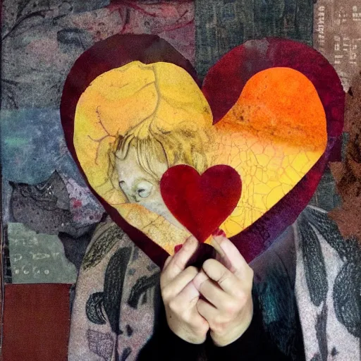 Prompt: mixed media collage, autumnal colours, woman holding an anatomically correct heart in her hands