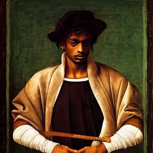 Prompt: A Renaissance portrait painting of Playboi Carti by Giovanni Bellini and Leonardo da Vinci. Playboi Carti