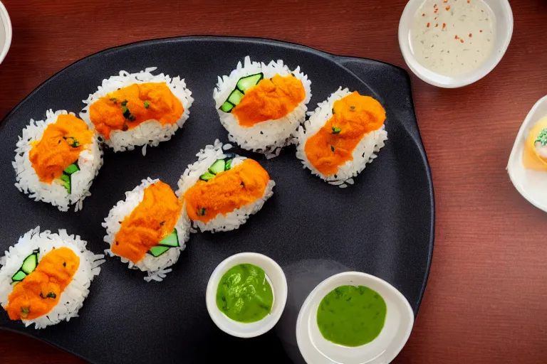 Image similar to vadapav sushi, commercial photography