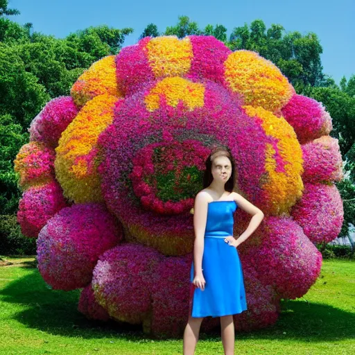 Image similar to giant flower head, full body, girl standing in front of house, surreal, symmetry, mid century, bright colours, blue sky, realistic, wes anderson