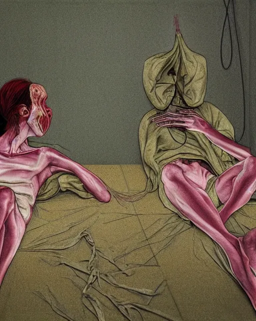 Prompt: Two skinny exhausted doctors wearing gas masks, draped in silky gold, green and pink, inside a decaying hospital room, outside a storm rages, on fire, extreme sadnes, in the style of Francis Bacon, Esao Andrews, Zdzisław Beksiński, Edward Hopper, surrealism, art by Takato Yamamoto and James Jean