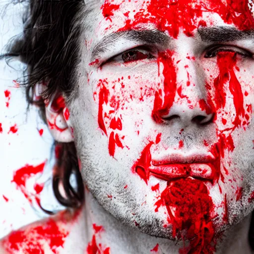 Prompt: torn off skin of man's face blood is everywhere