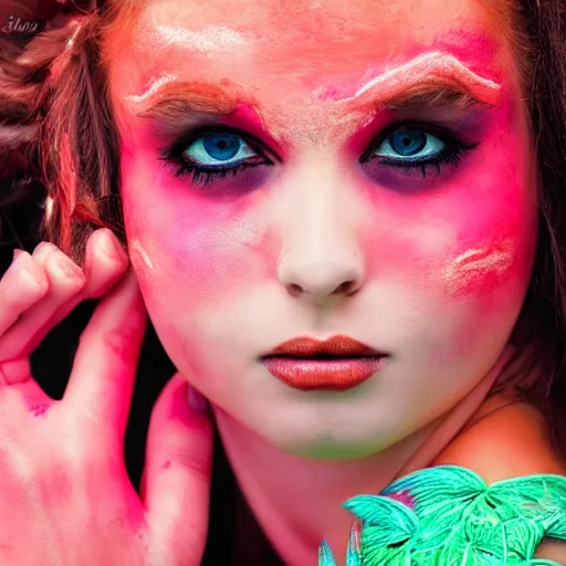 Image similar to young woman in a coral nymph costume, striking a pose, intricate hairstyle, professional fluorescent body paint, full body portrait, portrait photography photography by Karel Saudek, Portra 400, high definition, large props, eye catching, award winning, 4K UHD