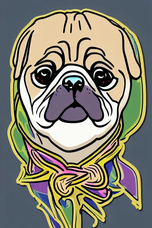 Prompt: portrait of a pug skeletor, sticker, colorful, illustration, highly detailed, simple, smooth and clean vector curves, no jagged lines, vector art, smooth