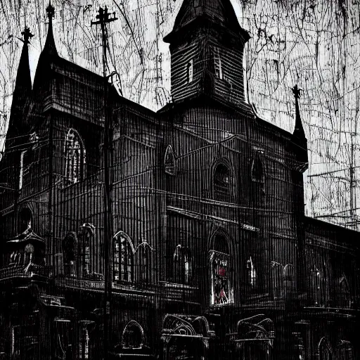 Prompt: The church of misery, cyberpunk, dark, digital art, night, scary, creepy