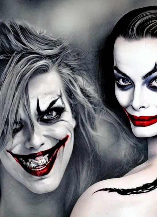 Image similar to tattoo design of beautiful margot robbie slightly smiling with joker makeup on the mouth and holding ace card, in the style of den yakovlev, realistic face, black and white, realism tattoo, hyper realistic, highly detailed