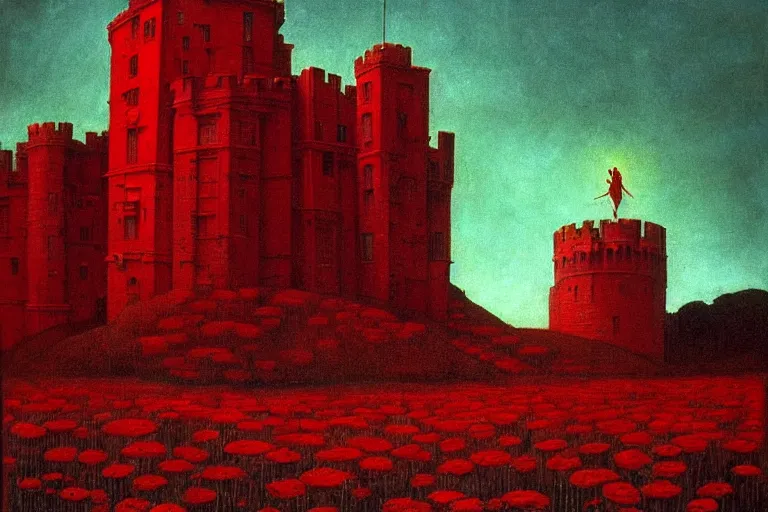 Prompt: only with red, red flowers, a crimson tiger, a castle in the background, medieval demons speak with people, an ancient path, in the style of beksinski, part by hopper, part by rodcenko, part by hofbauer, intricate composition, red by caravaggio, insanely quality, highly detailed, masterpiece, red light, artstation