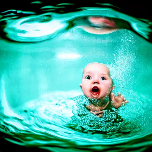 Prompt: a baby chasing a dollar bill under the surface of the water in the style of the nirvana album cover, underwater photography with light scattering and water refractions, smooth