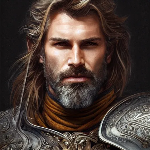 Prompt: portrait of a ruggedly handsome paladin, soft hair, muscular, half body, masculine, mature, leather, hairy, d & d, fantasy, intricate, elegant, highly detailed, digital painting, artstation, concept art, smooth, sharp focus, illustration, art by artgerm and greg rutkowski and alphonse mucha