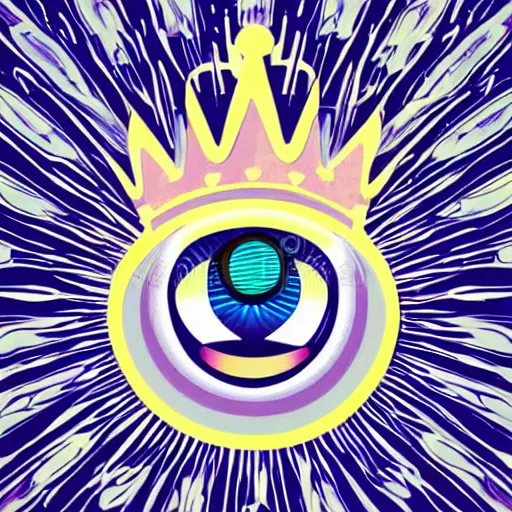 Prompt: a glowing crown sitting on a table with one beautiful eye mounted on it like a jewel, night time, vast cosmos, curly light rays, bold black lines, flat colors, minimal psychedelic 2 0 0 0 s magazine illustration