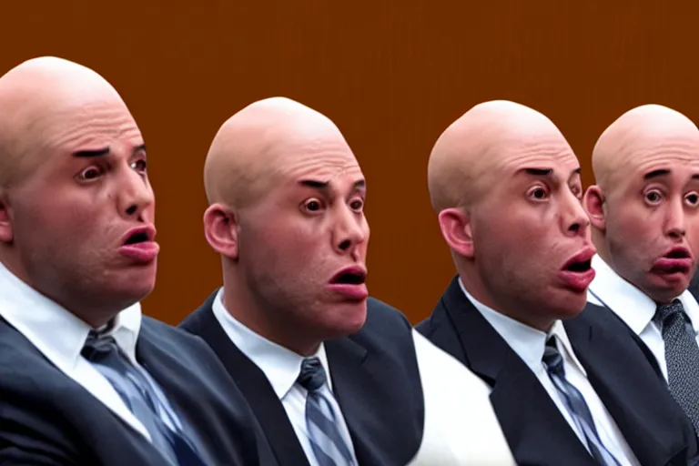 Prompt: coneheads testifying in court, detailed facial expressions