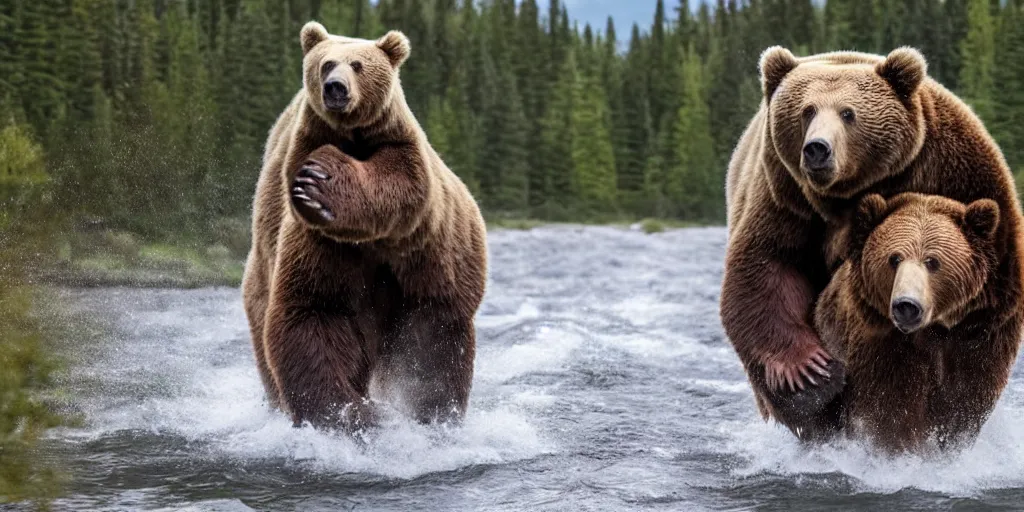 Image similar to bob ross riding on the back of a brown bear in alaska, outdoor, hyperrealistic, shutterstock contest winner, national geographic photo, stockphoto, majestic