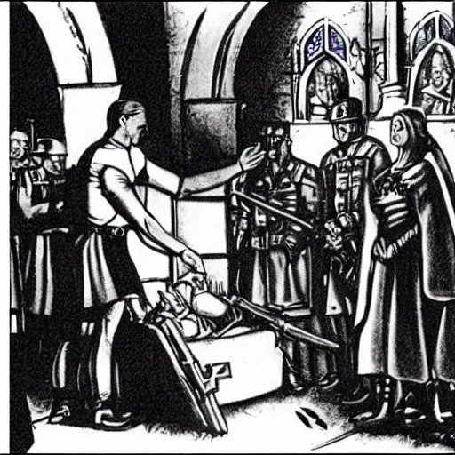 Image similar to hitler knighting the terminator in a church