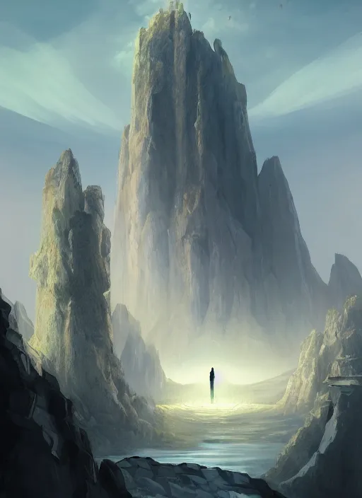 Image similar to a cartoon scene with a person wearing a black robe standing in front of a monolith, concept art by victor mosquera, tumblr contest winner, symbolism, concept art, official art