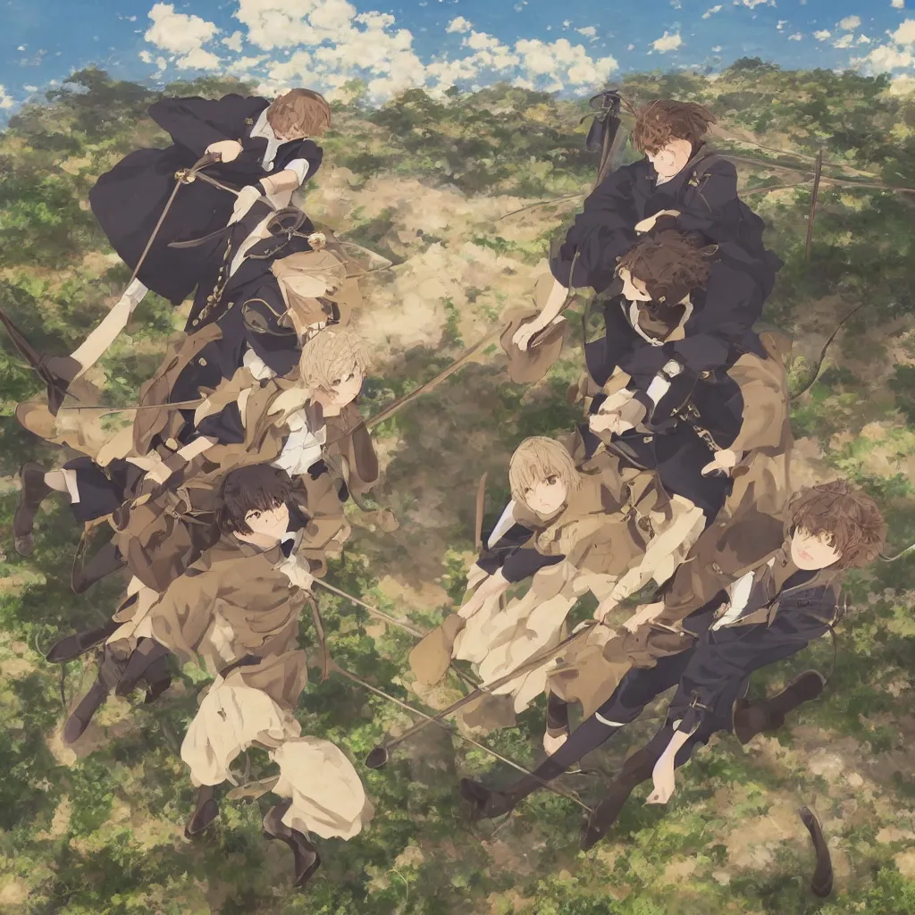 Image similar to Painting of adam sandler and jonah hill jousting in the style of Violet Evergarden, beautiful anime art style, winged eyelashes, countryside, calm, fantasy character portrait, dark outlines, dynamic pose, above view, sunny day, artwork by Makoto Shinkai, very coherent asymmetrical artwork, sharp edges, perfect face, simple form, 100mm