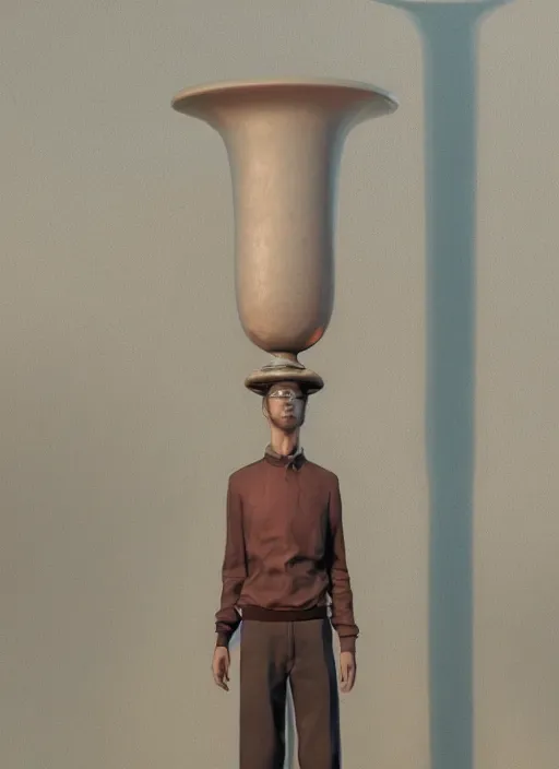 Image similar to a sculpture of a man standing next to a tall vase, a raytraced image by Hikari Shimoda, polycount, video art, vray tracing, ray tracing, rendered in unreal engine