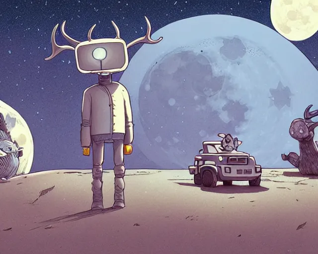 Image similar to a cell shaded cartoon grey santa + deer robot, with a big head, on a desert road, wide shot, in front of a big moon, muted colors, post grunge, josan gonzales, wlop, by james jean, victor ngai, hq, deviantart, art by artgem