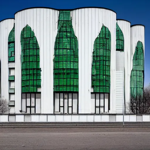 Image similar to enormous white building with small windows in the middle of a green pairie, strange, disproportioned, weird, odd architecture, hyper detailed, whitewash, old, abandoned,