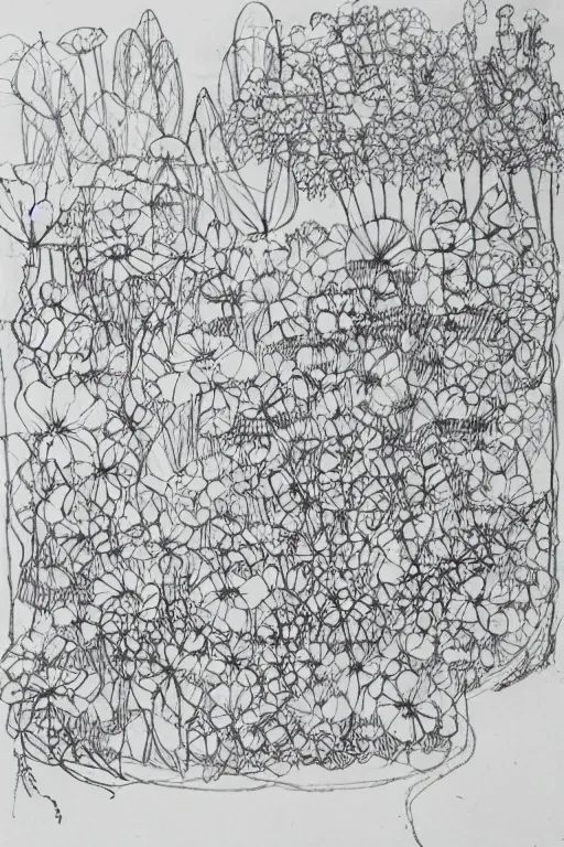 Image similar to single line sketch of cascading garden with large flowers, scribble sketch, small details,