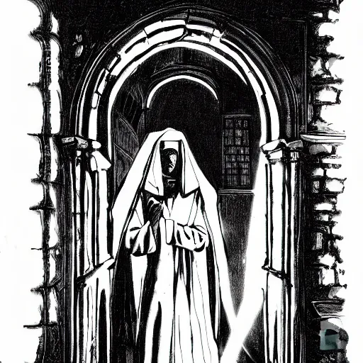 Prompt: A nun bathed in holy light, in a dusty cathedral. Aerial View, Dark Fantasy, Film Noir, Black and White. High Contrast, Mike Mignola, D&D, OSR