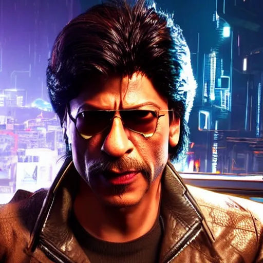 Prompt: full-frame of Shah Rukh Khan, wearing a brown leather-jacket, as a character from Cyberpunk 2077, looking at camera, intricate, sci-fi, extremely detailed, in the background cyperpunk-2077-city, concept art, artstation