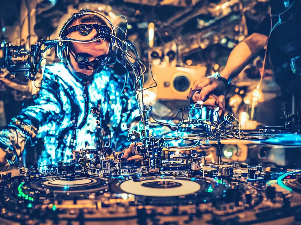 Prompt: a person wearing goggles and visor and headphones using a steampunk record player contraption, wires and tubes, turntablism dj scratching, intricate planetary gears, cinematic, imax, sharp focus, leds, bokeh, iridescent, black light, fog machine, hazy, lasers, hyper color digital art