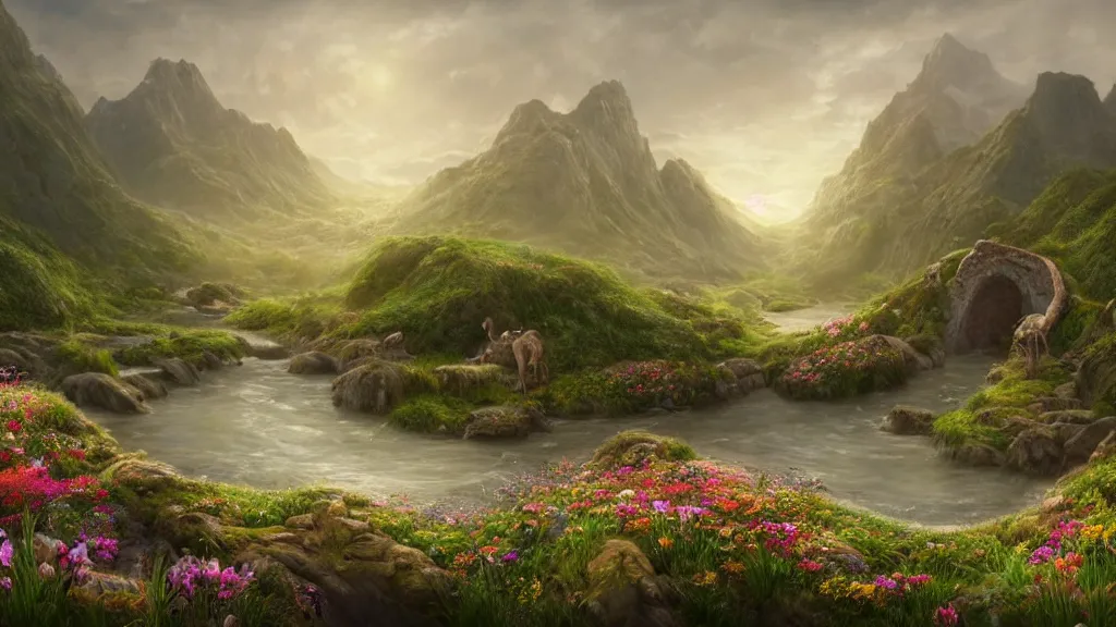 Image similar to Beautiful hyperrealistic detailed matte painting of a Landscape with a wide river in the middle of a meadow full of colorful flowers on the lost Vibes and mountains in the background, at the center there's a giant medieval fantasy portal gate with a rusty gold carved lion face at the center of it that takes you to another world, spring, delicate fog, sea breeze rises in the air, by andreas rocha and john howe, and Martin Johnson Heade, featured on artstation, featured on behance, golden ratio, ultrawide angle, well composed