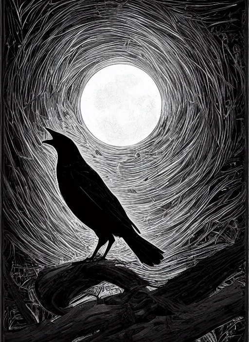 Image similar to portrait, A crow in front of the full big moon, book cover, red white and black colors, establishing shot, extremly high detail, foto realistic, cinematic lighting, pen and ink, intricate line drawings, by Yoshitaka Amano, Ruan Jia, Kentaro Miura, Artgerm, post processed, concept art, artstation, matte painting, style by eddie mendoza, raphael lacoste, alex ross