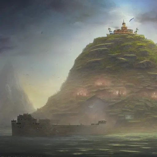 Image similar to beautiful matte painting of floating fort, mai anh tran,