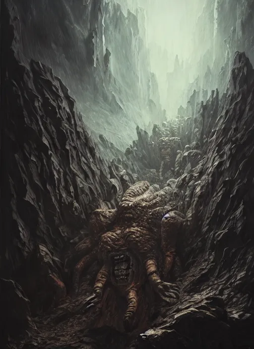 Image similar to a monster in the mountains of hell, oil painting by tomasz jedruszek, cinematic lighting, pen and ink, intricate line, hd, 4 k, million of likes, trending on artstation