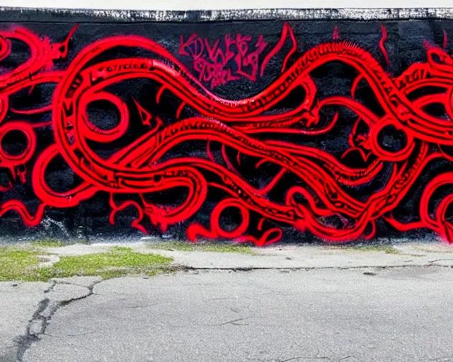 Image similar to 16k footage of a wall that has some lovecraftian graffiti on it inspired by wretched dragon rib cage. lovecraftian graffiti in red and black colors. the art is cursed and ecrusted with jewels.