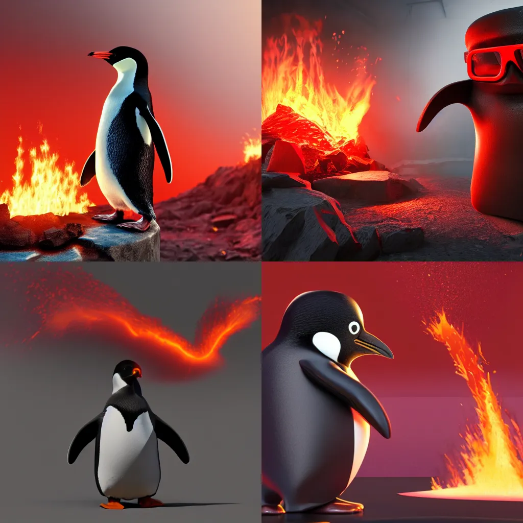 Prompt: penguin working as a blacksmith with red googles on his head with the background of lava flowing and an anvil, hyperrealisim, Cinema 4D, sophisticated and complex digital painting, 8k resolution, high realistic, trending on artstation