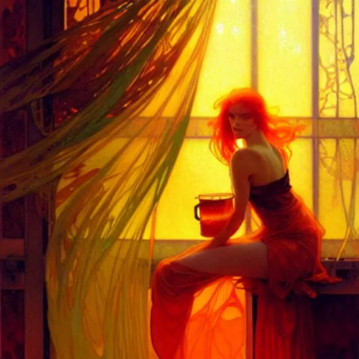 Image similar to glossy liquid honey drops flowing like translucent amber, backlit, sunset, refracted lighting, art by collier, albert aublet, krenz cushart, artem demura, alphonse mucha