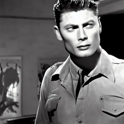 Prompt: still of Dean winchester in La Noire, 1947 New York