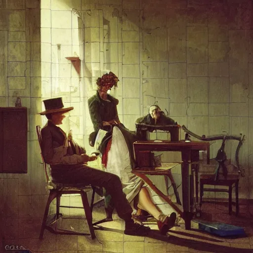 Image similar to young man and woman solving an escape room puzzle by carl spitzweg